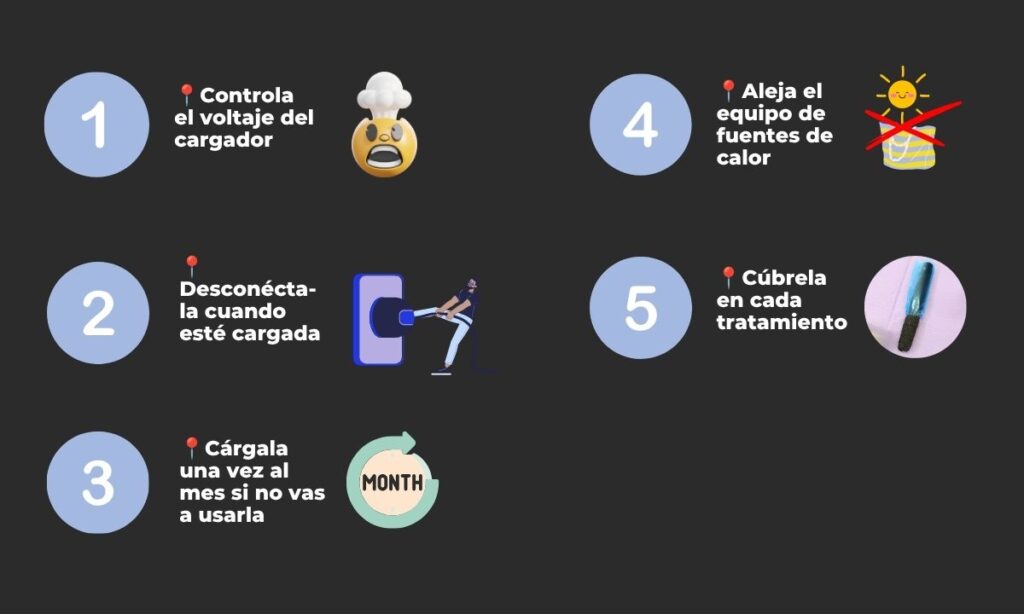 Infografía con cinco consejos para cuidar una máquina inalámbrica de micropigmentación y tatuaje.